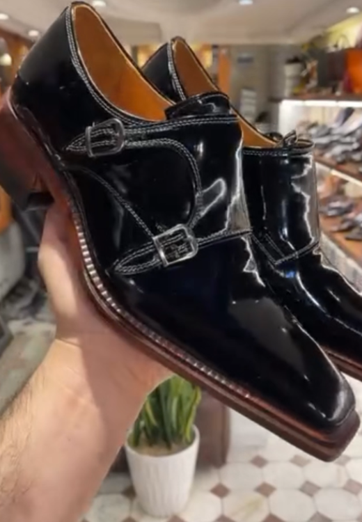 Men's shiny square-headed square-root leather shoes