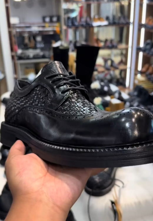 Men's plaid knitted round leather shoes