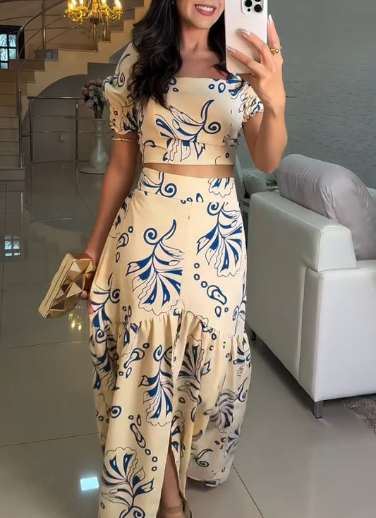 Elegant blue floral print skirt two-piece suit