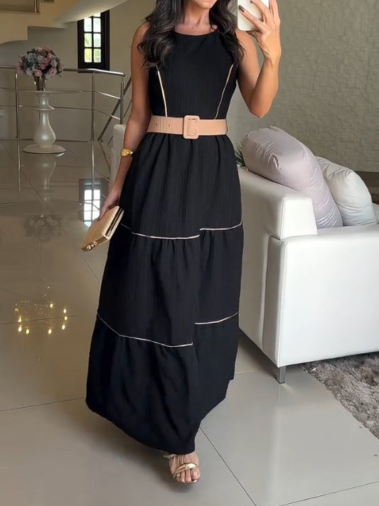 Sleeveless belt casual black skirt
