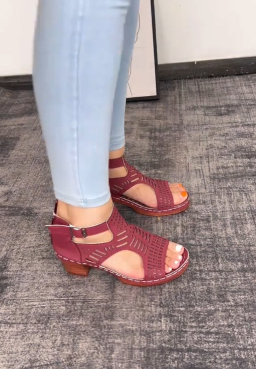 Women's Fashionable Plain Color HollowOut Design Block Heel Sandals