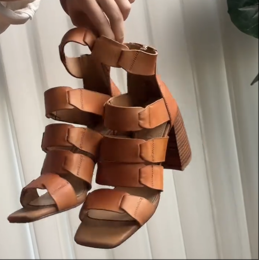 Retro leather high-heeled square toe sandals