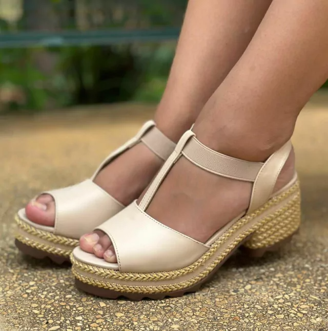 Leather elastic strap wedge sandals