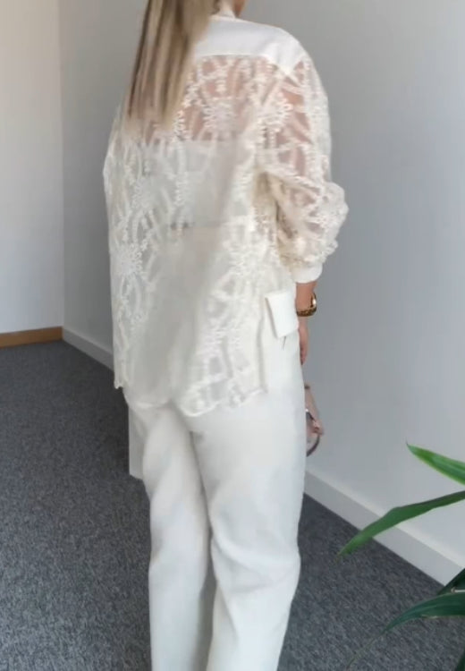 Hollow hand-embroidered lace top