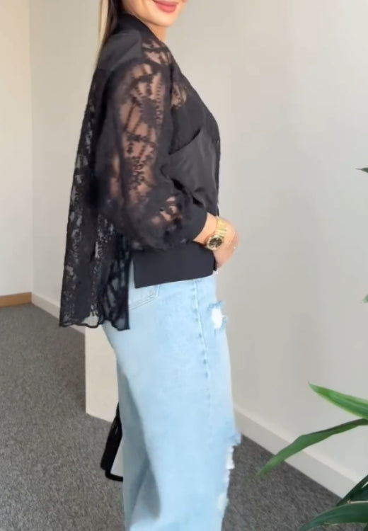Hollow hand-embroidered lace top