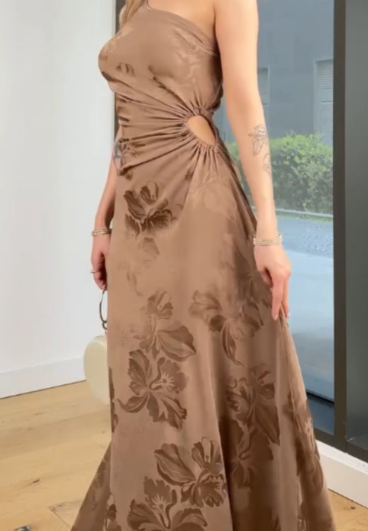 Elegant high quality diagonal shoulder print dress