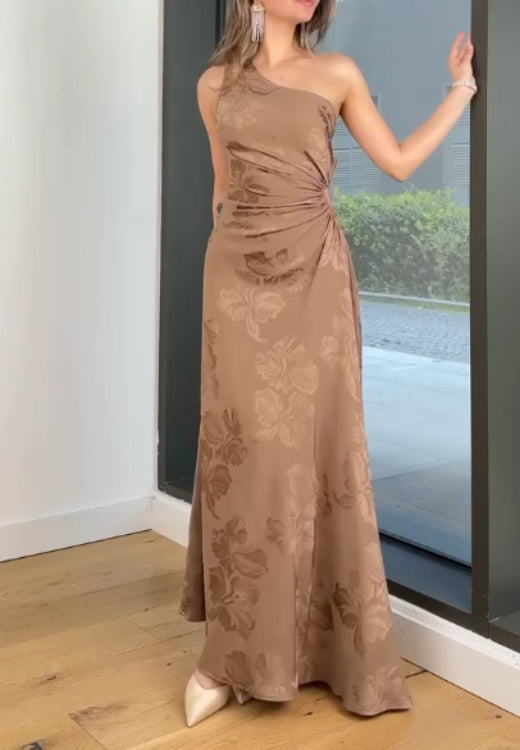 Elegant high quality diagonal shoulder print dress