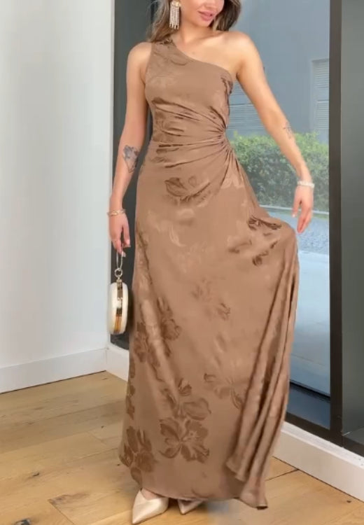 Elegant high quality diagonal shoulder print dress