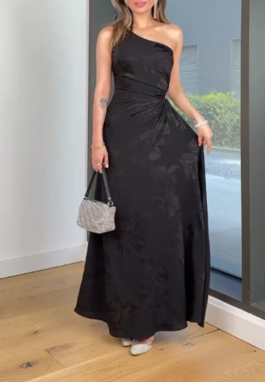 Elegant high quality diagonal shoulder print dress