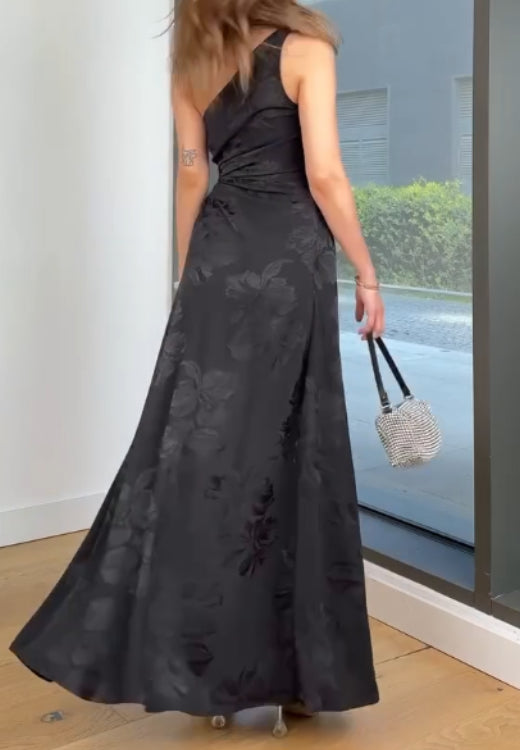 Elegant high quality diagonal shoulder print dress