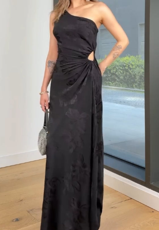 Elegant high quality diagonal shoulder print dress