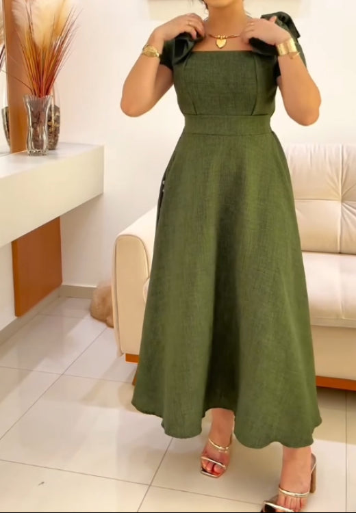 Shoulder bow cotton and linen dress