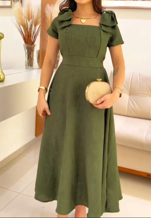 Shoulder bow cotton and linen dress
