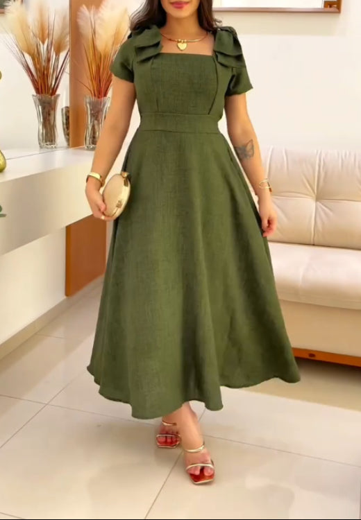 Shoulder bow cotton and linen dress