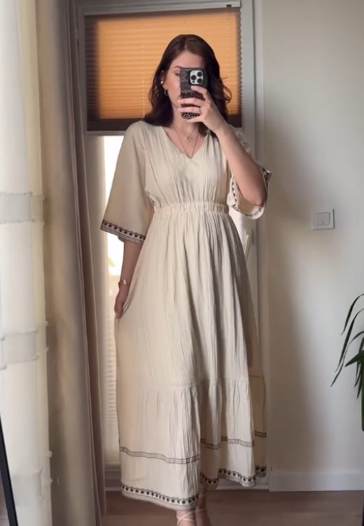 Cotton and linen elastic waist comfortable dress