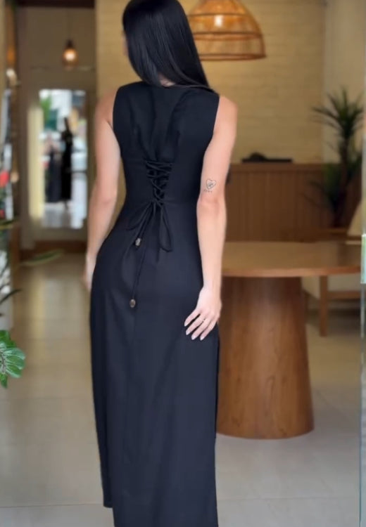 Elegant black drawstring dress with back