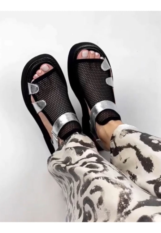 Silver leather fishing net splicing casual sandals