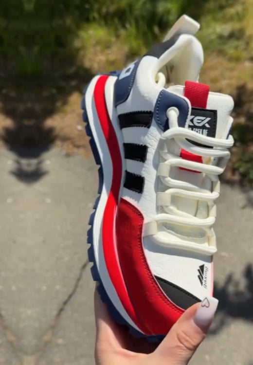 Red and white matching thick shoelaces sneakers