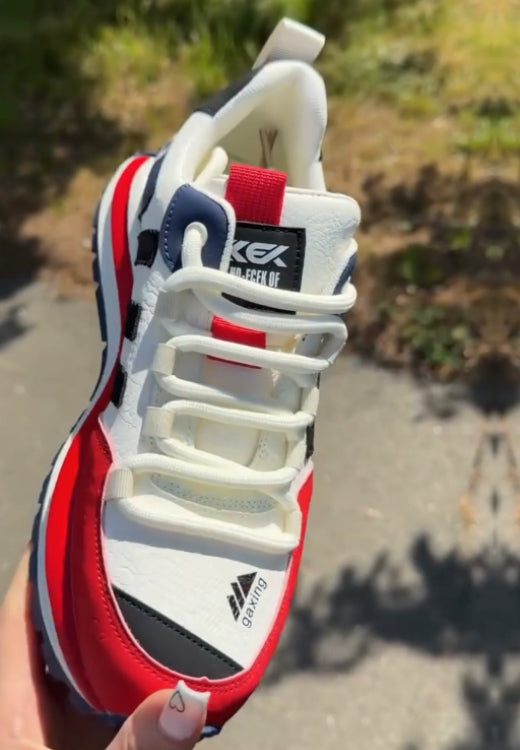 Red and white matching thick shoelaces sneakers