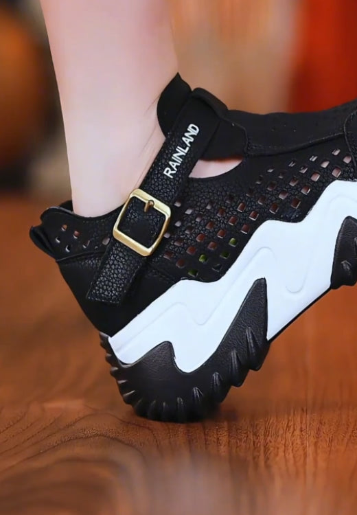 Black hollow breathable metal buckle casual shoes