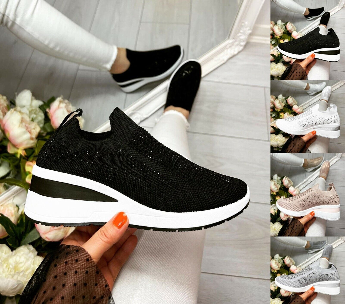 Thick-soled casual bright diamond flying woven shoes