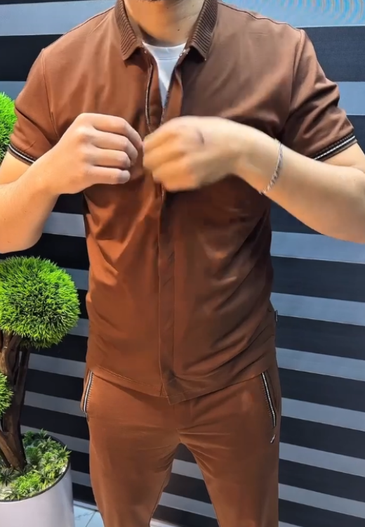 Brown ice silk zipper cardigan short sleeve