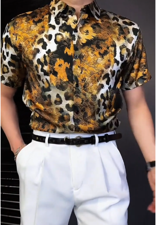 Men's light silky tiger print shirt