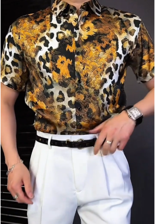 Men's light silky tiger print shirt
