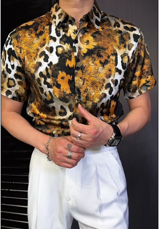 Men's light silky tiger print shirt