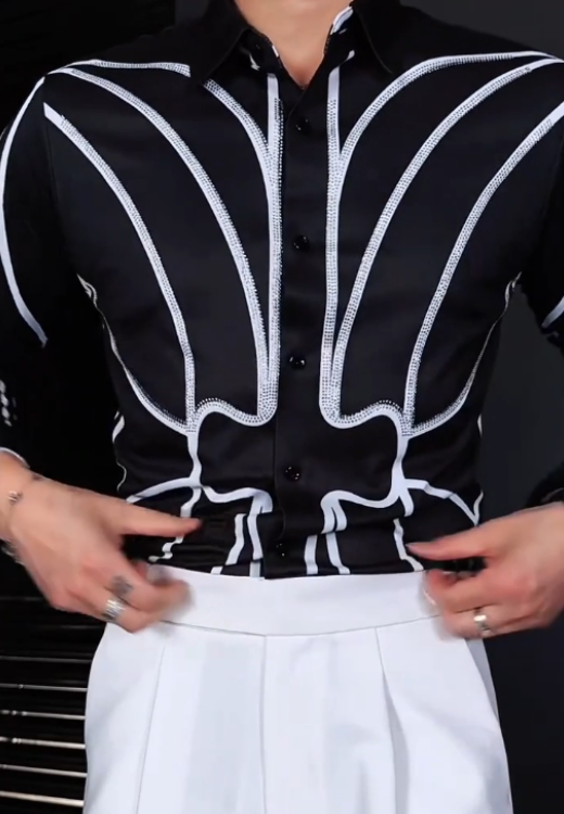 Men's high quality black and white stitching pattern shirt