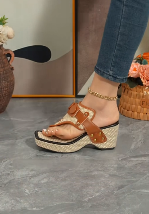 Fashion arch-supported leather stitching heightening slippers