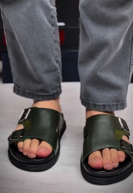 Men's high quality dark green leather slippers