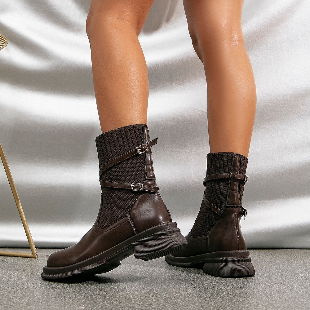 Leather Strap Decor Ankle Boots