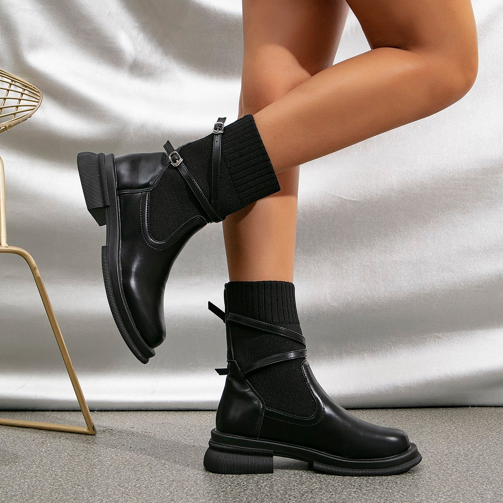Leather Strap Decor Ankle Boots