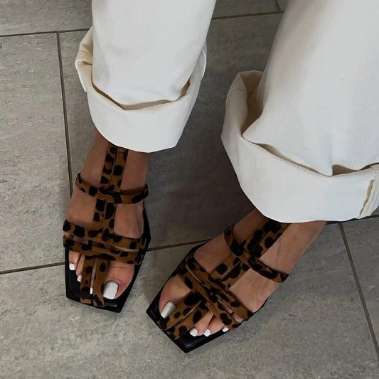 Chic Leopard Print Strappy Square Toe Sandals