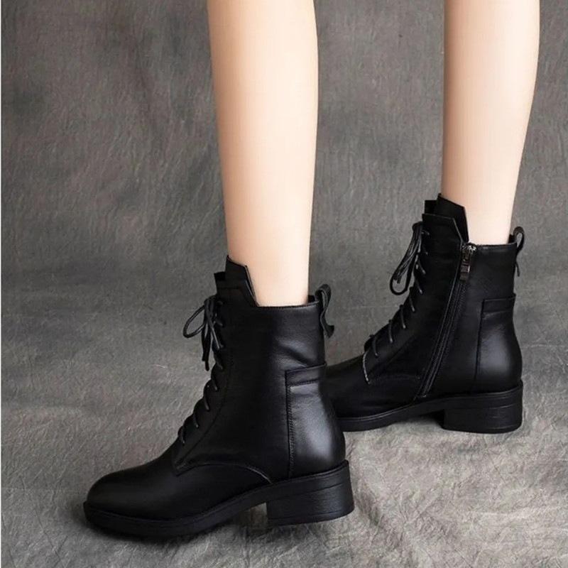 Black Low Heel Leather Casual Boots