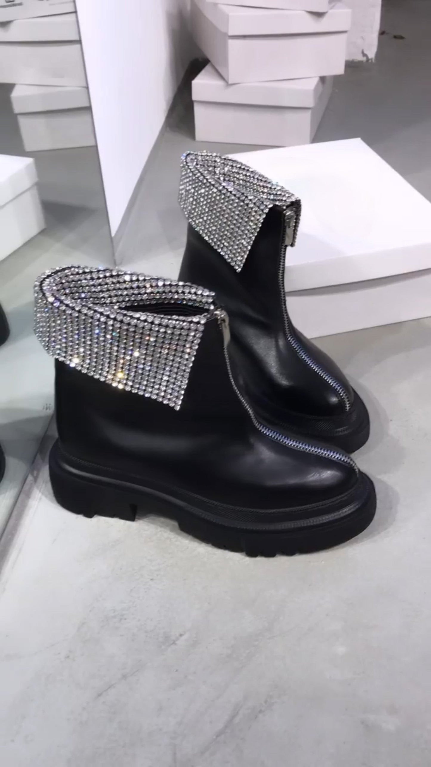 Shiny Diamond Patch Leather Boots