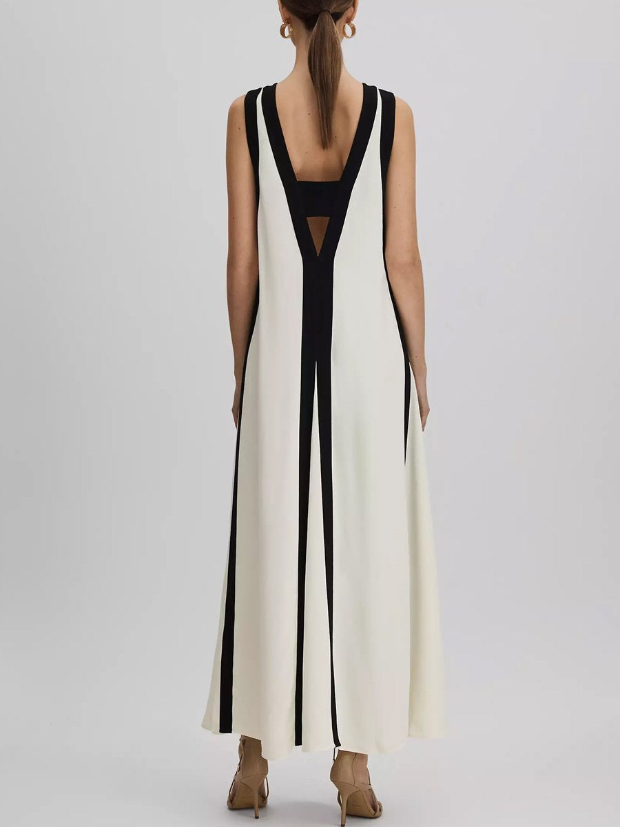 Deep V Neck Sleeve Color Block Maxi Dress