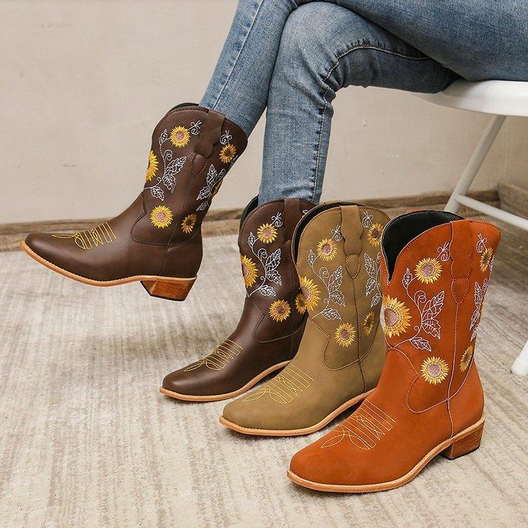Embroidered ethnic style wedge heel casual women's boots