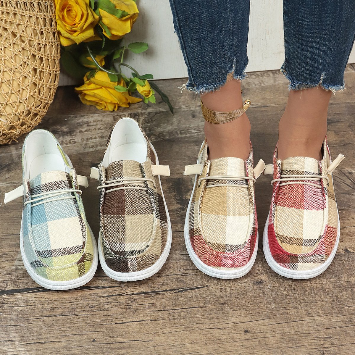 Plaid canvas shoes comfortable flat shoes