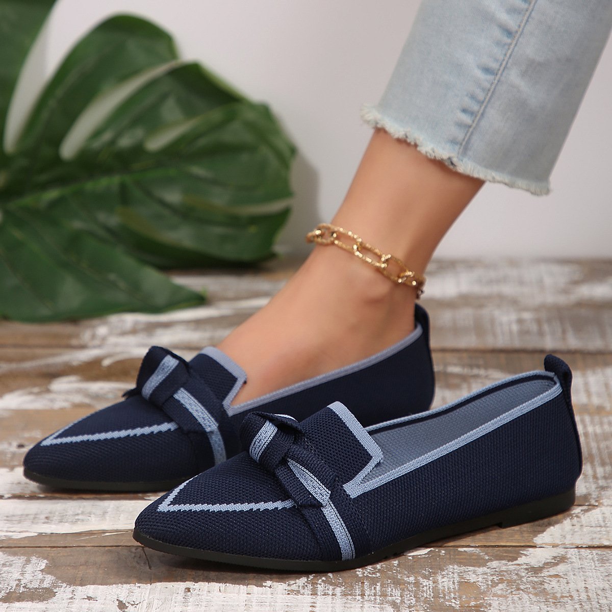 Women's Knit Fabric Bow Loafer Flats