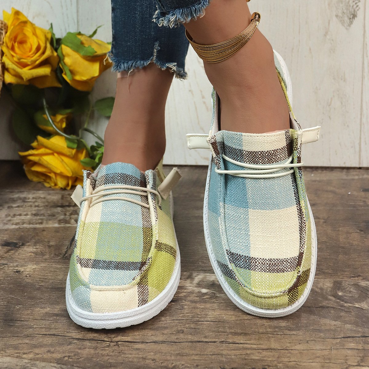 Plaid canvas shoes comfortable flat shoes