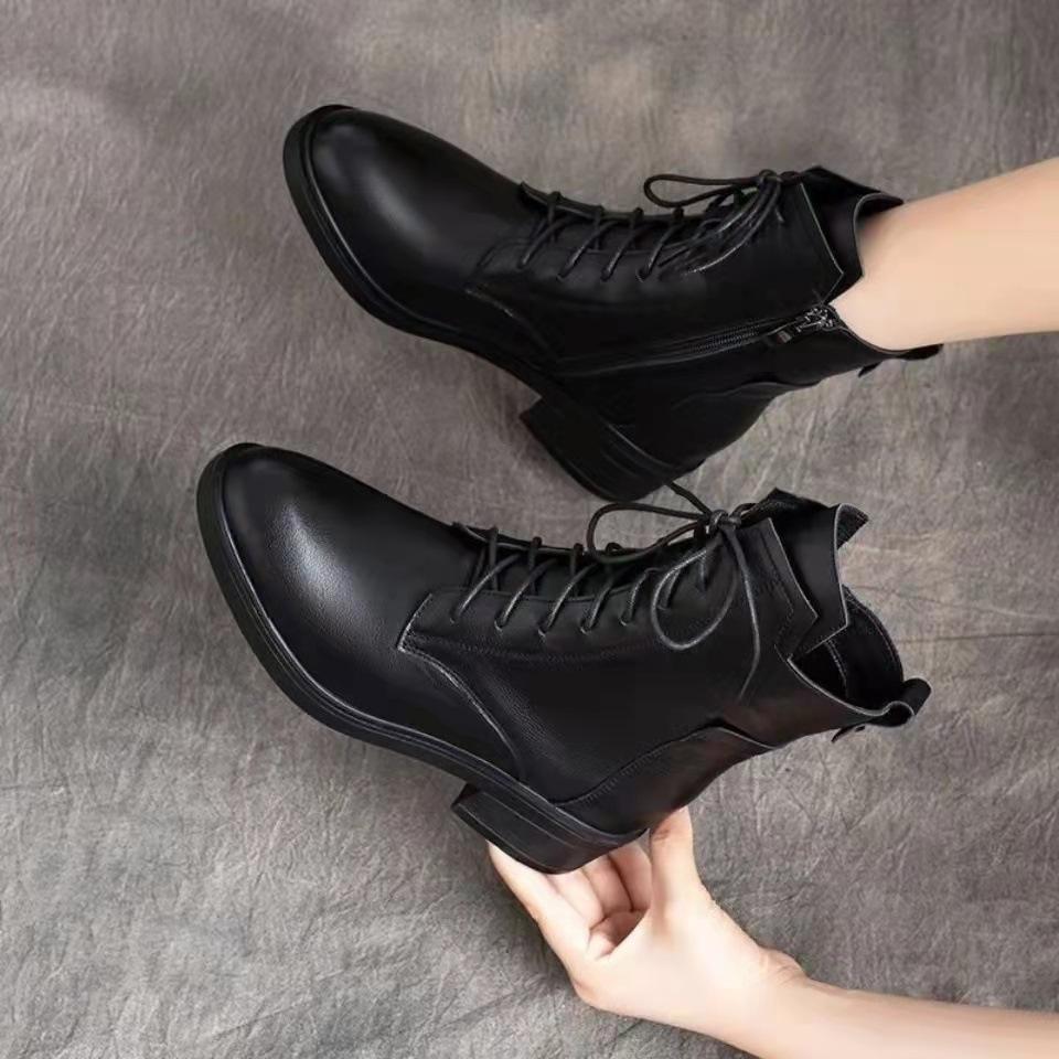 Black Low Heel Leather Casual Boots