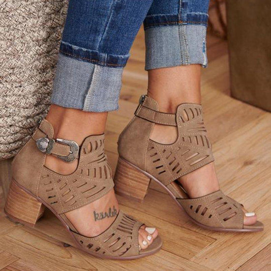 Hollow Carved Thick Heel Sandals