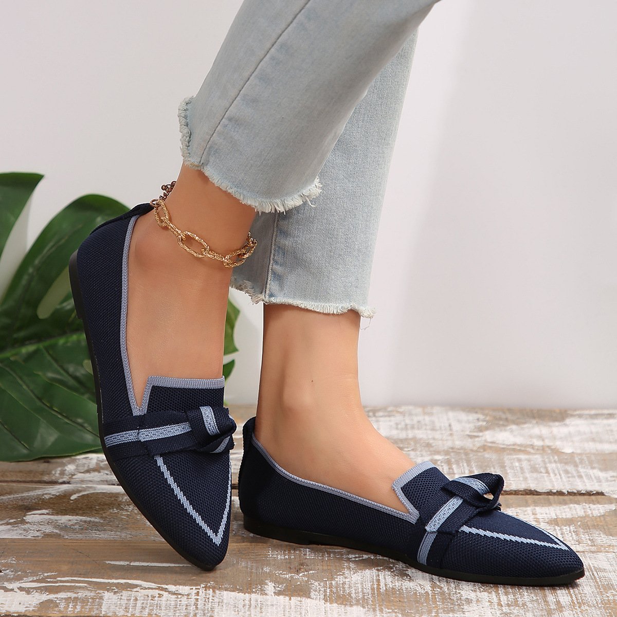 Women's Knit Fabric Bow Loafer Flats