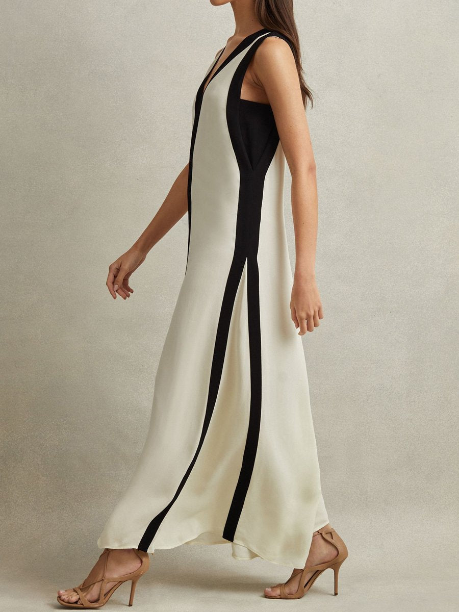 Deep V Neck Sleeve Color Block Maxi Dress