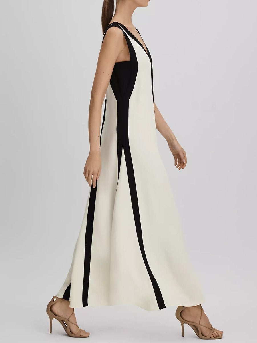 Deep V Neck Sleeve Color Block Maxi Dress