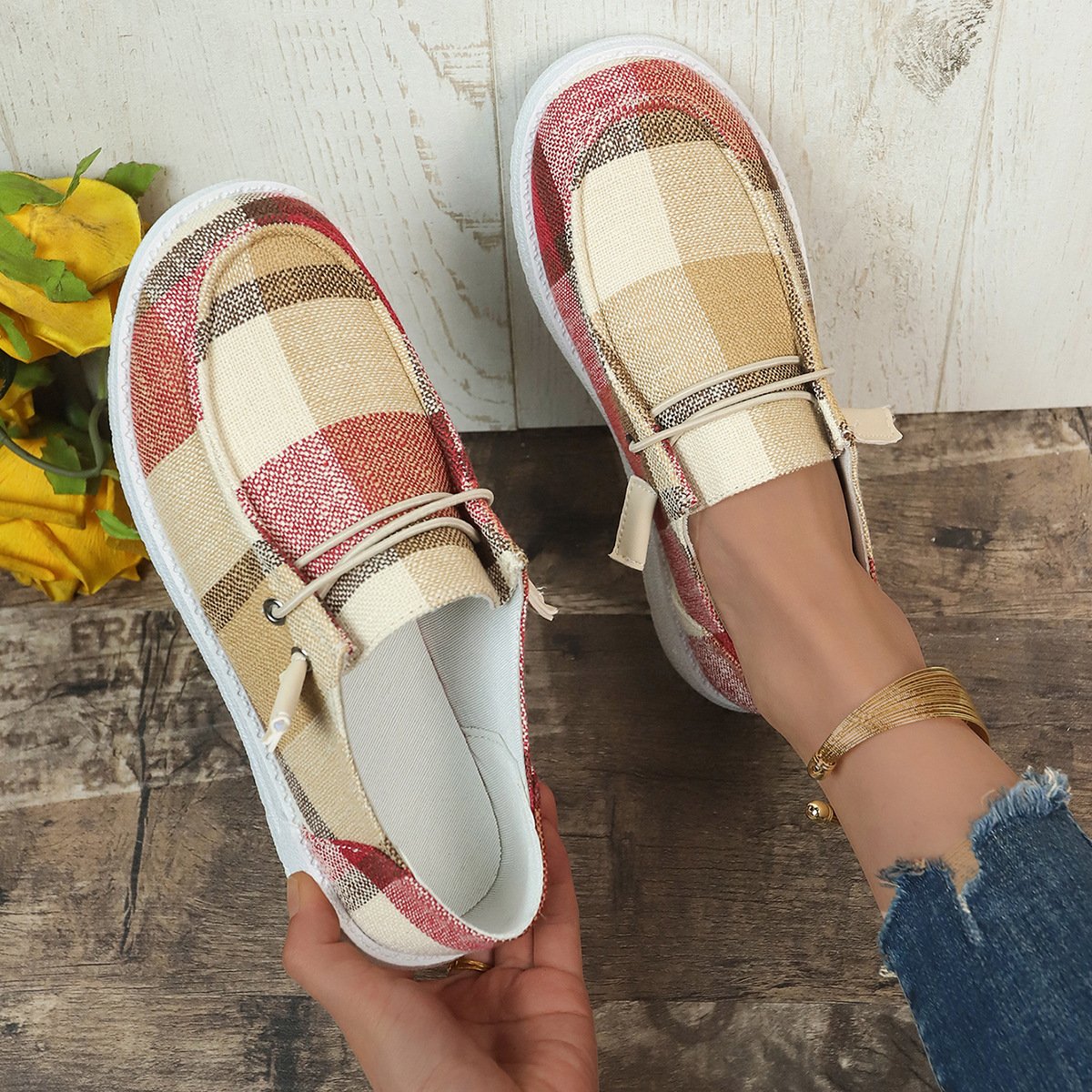 Plaid canvas shoes comfortable flat shoes