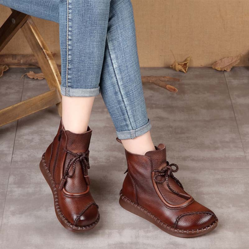 Soft Leather Retro Comfort Low Heel Boots