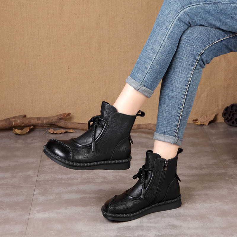 Soft Leather Retro Comfort Low Heel Boots